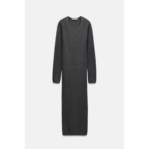 Zara Dresses & Skirts - Gray Zara V-Neck Long Sleeve Textured Knit Pullover Midi Dress (NWT)